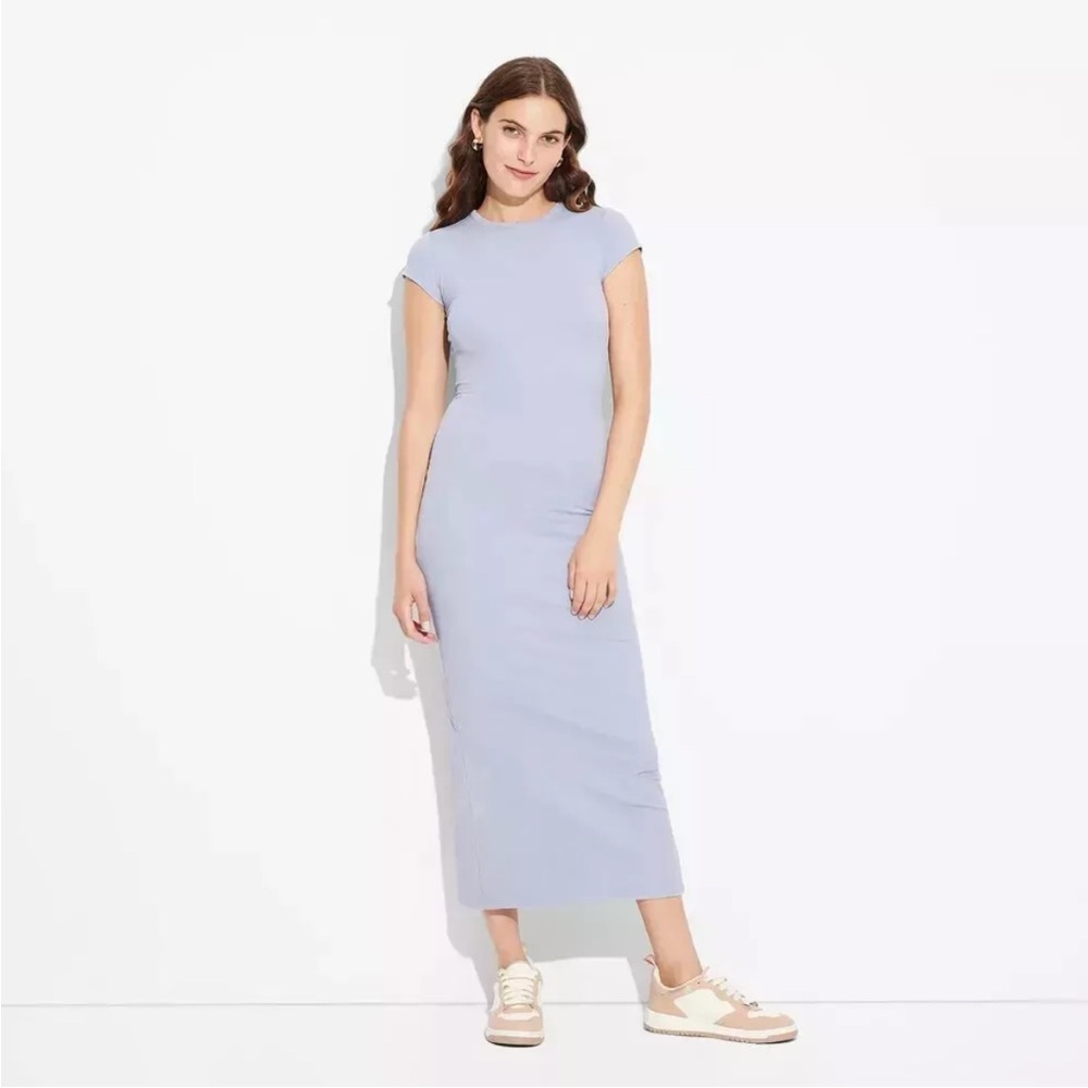 NWT Wild Fable Women's Rib-Knit Short Sleeve Maxi T-Shirt Dress-Size L-Blue Gray